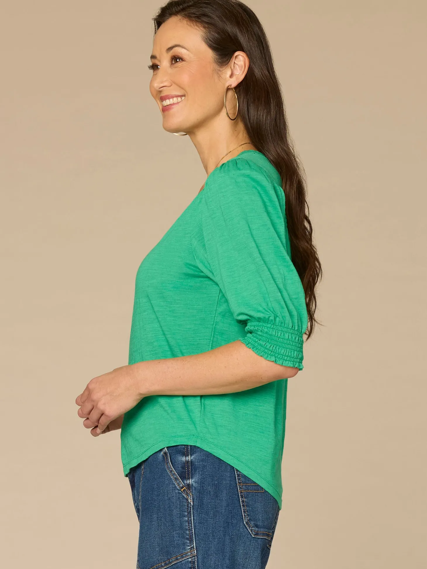 Elbow Blouson Sleeve Scallop V-Neck Smocked Knit Top