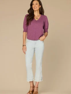 Elbow Blouson Sleeve Scallop V-Neck Smocked Knit Top