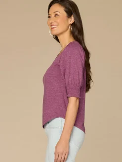 Elbow Blouson Sleeve Scallop V-Neck Smocked Knit Top