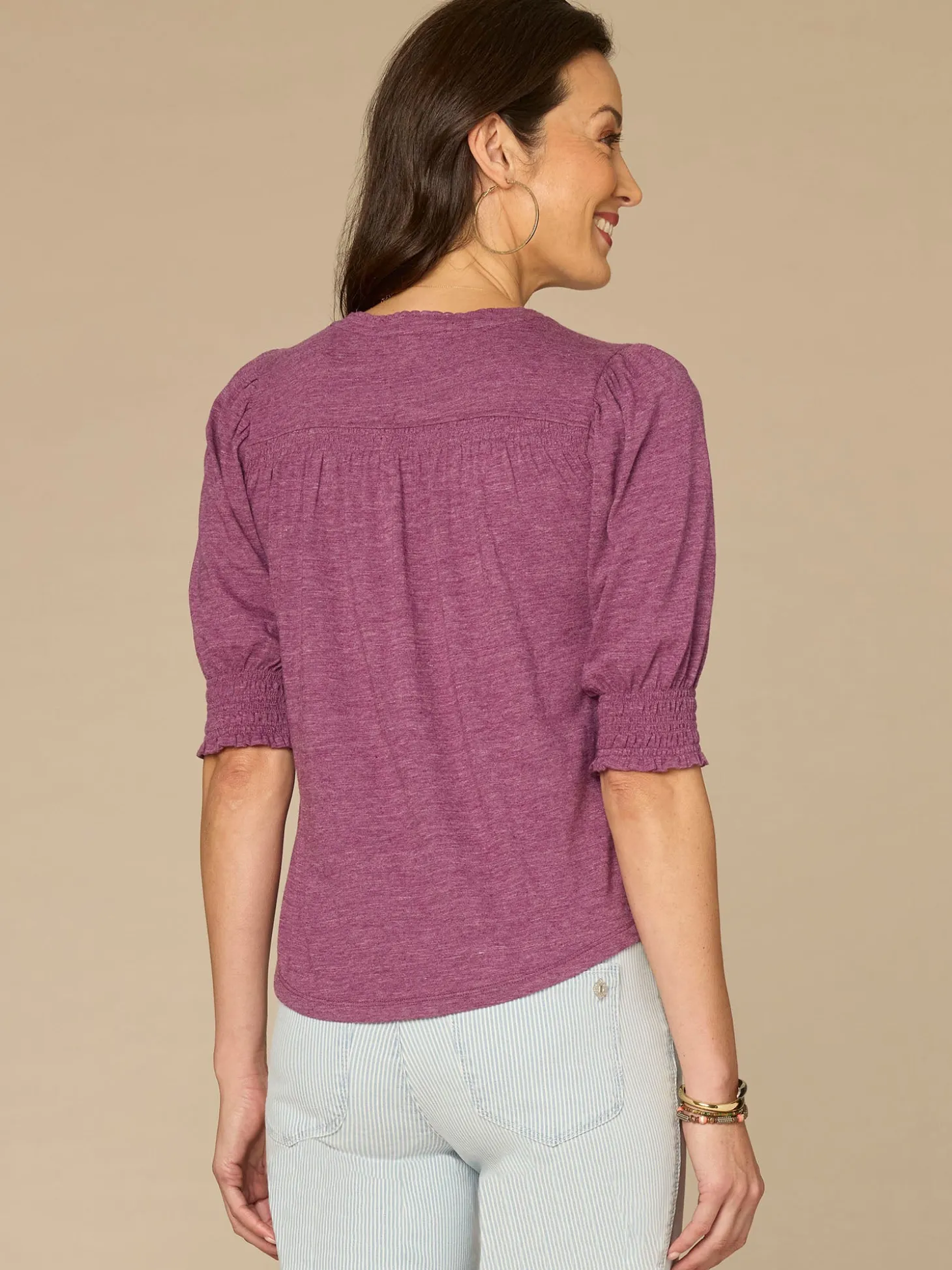 Elbow Blouson Sleeve Scallop V-Neck Smocked Knit Top