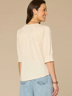 Elbow Blouson Sleeve Scallop V-Neck Smocked Plus Size Knit Top
