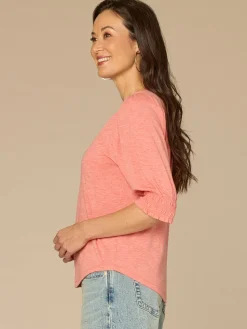 Elbow Blouson Sleeve Scallop V-Neck Smocked Plus Size Knit Top