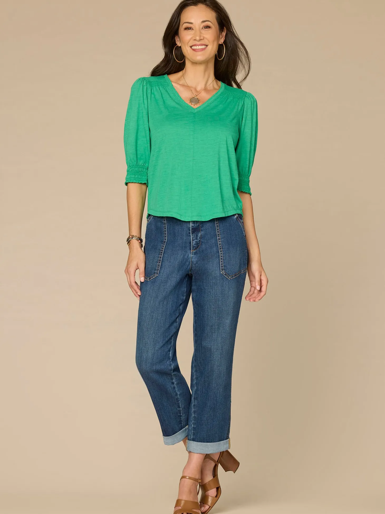 Elbow Blouson Sleeve Scallop V-Neck Smocked Plus Size Knit Top