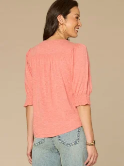 Elbow Blouson Sleeve Scallop V-Neck Smocked Plus Size Knit Top