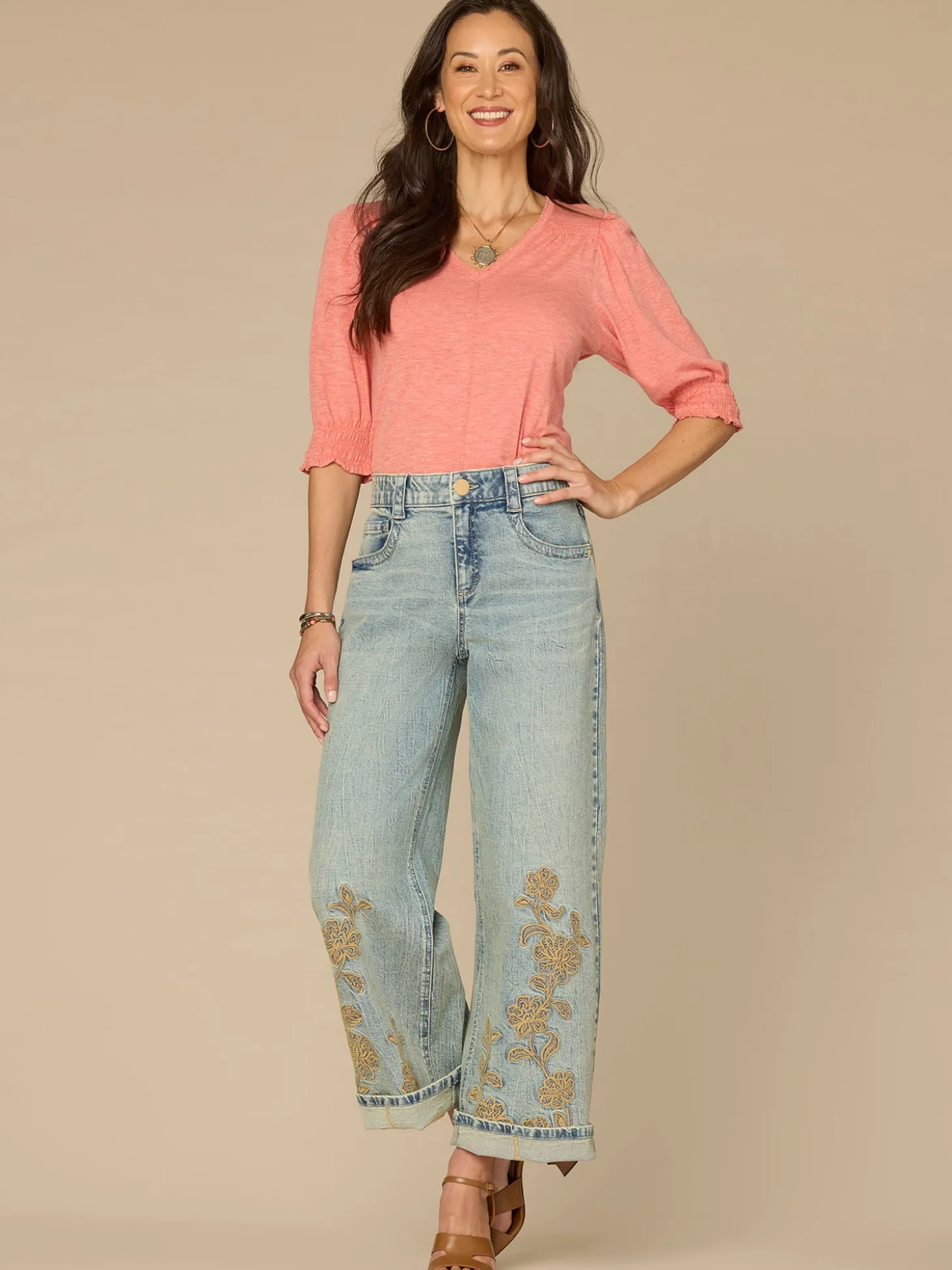 Elbow Blouson Sleeve Scallop V-Neck Smocked Plus Size Knit Top