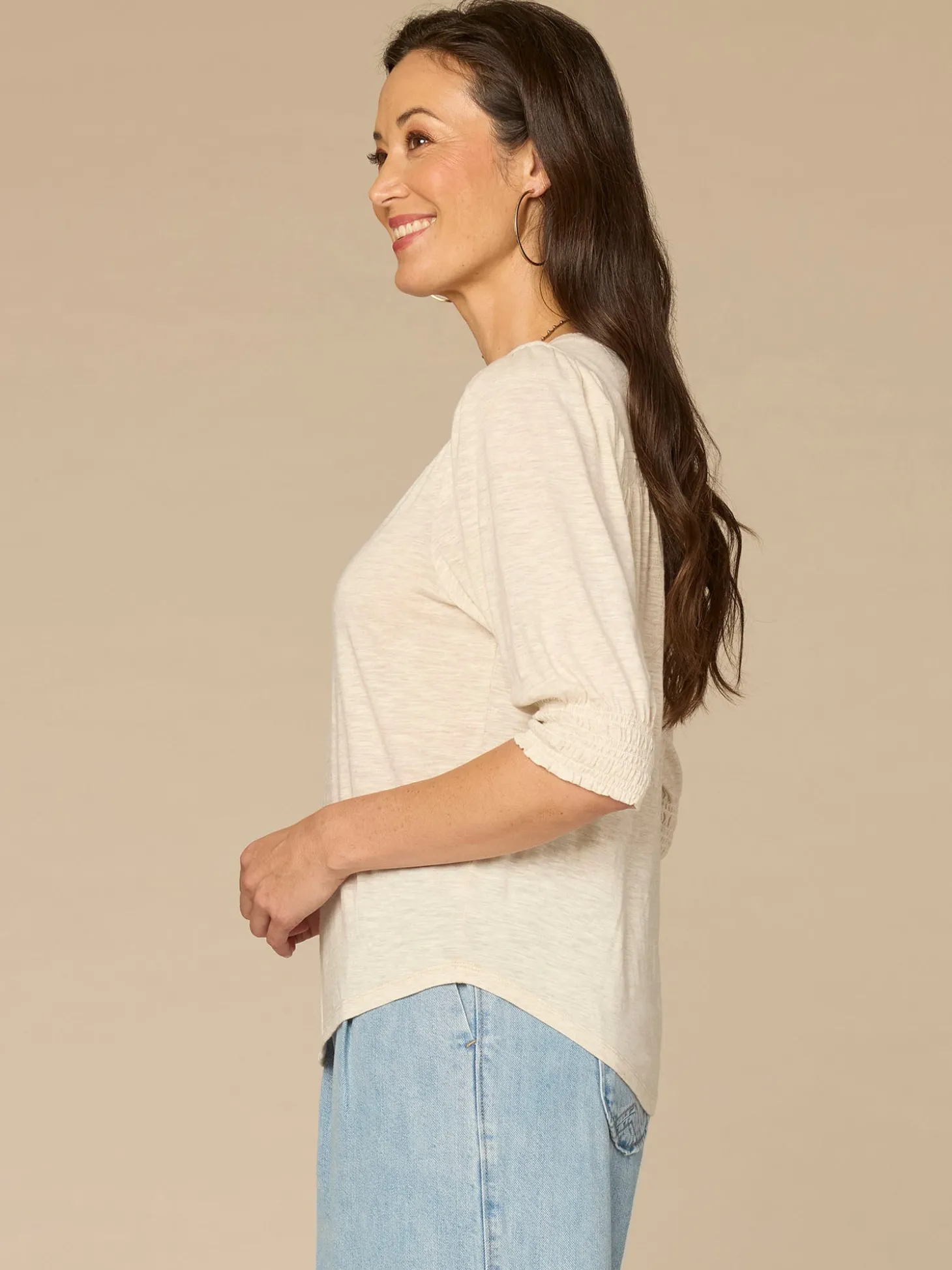 Elbow Blouson Sleeve Scallop V-Neck Smocked Plus Size Knit Top