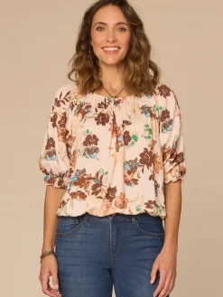 Elbow Blouson Sleeve Scoop Neck Bubble Hem Floral Print Woven Top