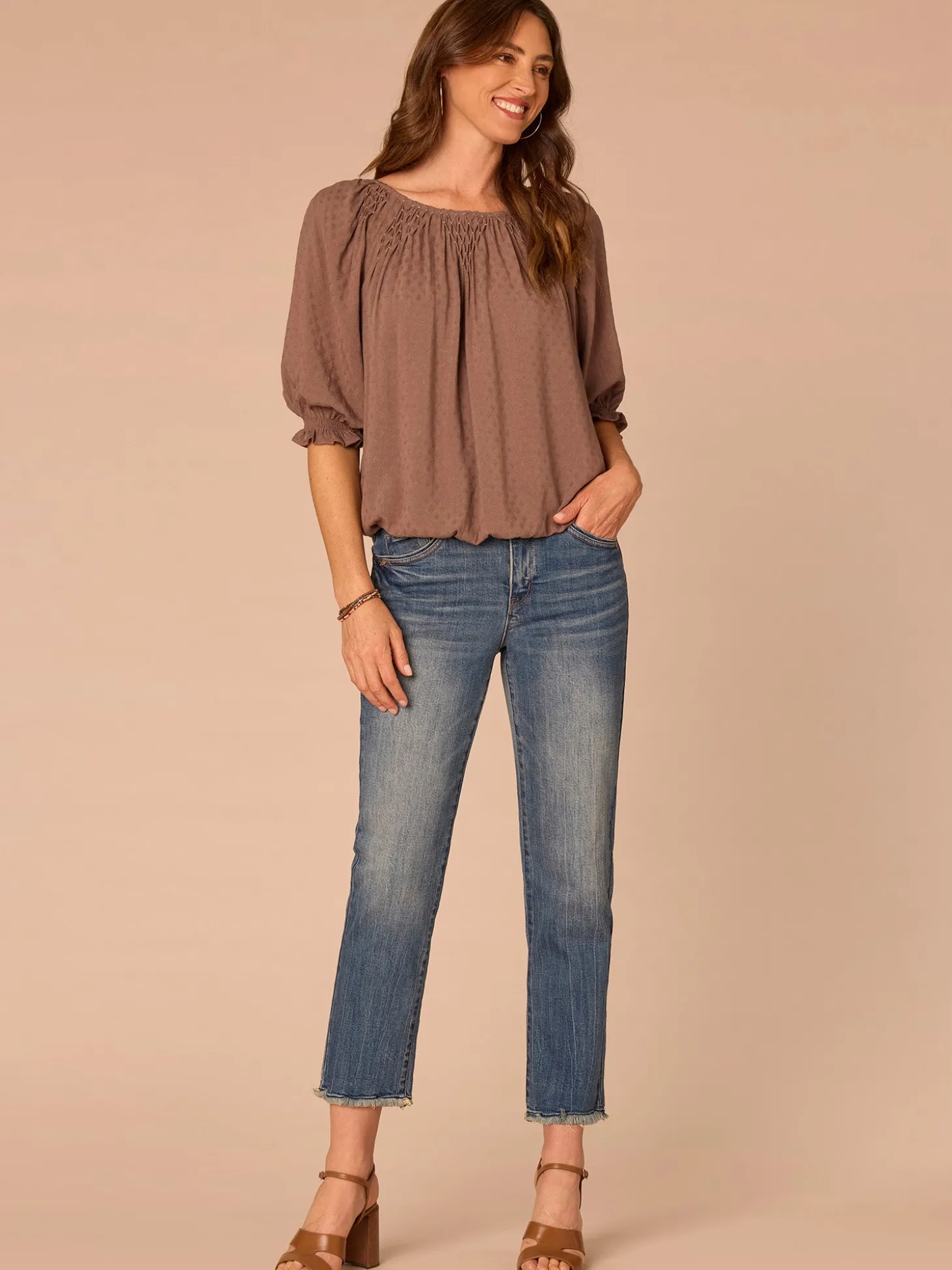 Elbow Blouson Sleeve Scoop Neck Bubble Hem Woven Top with Smocking