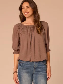 Elbow Blouson Sleeve Scoop Neck Bubble Hem Woven Top with Smocking