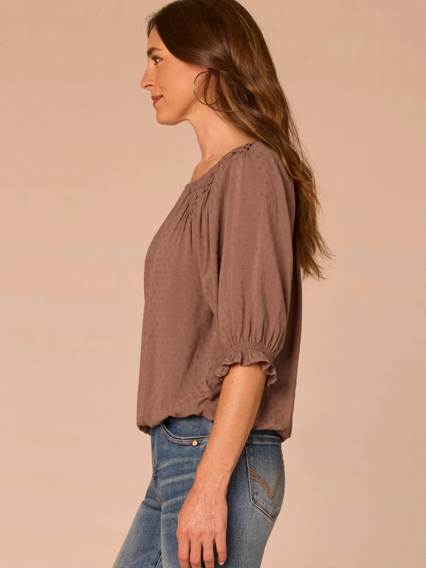 Elbow Blouson Sleeve Scoop Neck Bubble Hem Woven Top with Smocking
