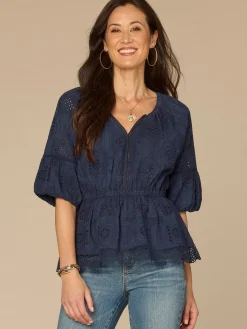 Elbow Bubble Sleeve Ruffle Split Neck Crochet Peplum Petite Woven Top