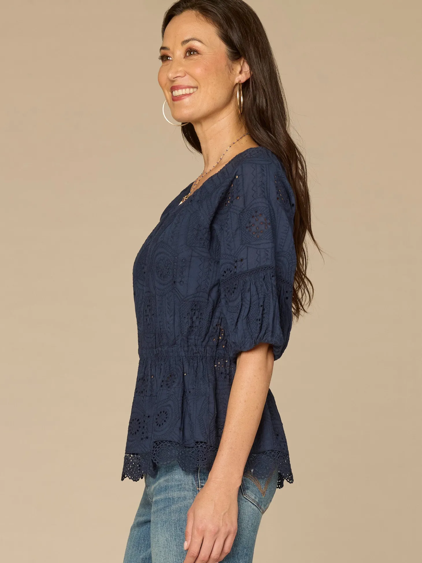 Elbow Bubble Sleeve Ruffle Split Neck Crochet Peplum Petite Woven Top