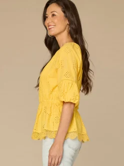 Elbow Bubble Sleeve Ruffle Split Neck Crochet Peplum Woven Top
