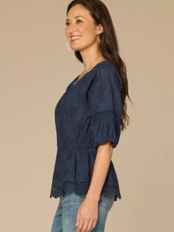 Elbow Bubble Sleeve Ruffle Split Neck Crochet Peplum Woven Top