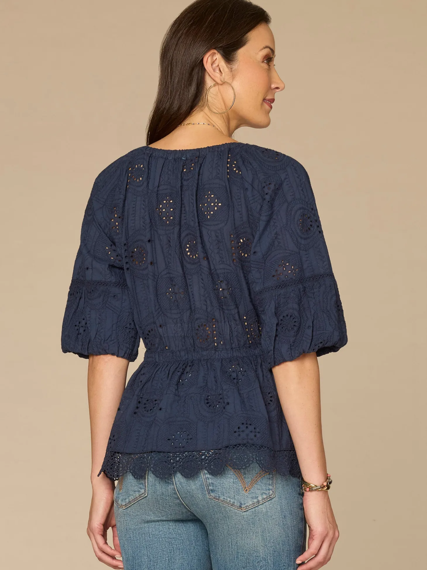 Elbow Bubble Sleeve Ruffle Split Neck Crochet Peplum Woven Top