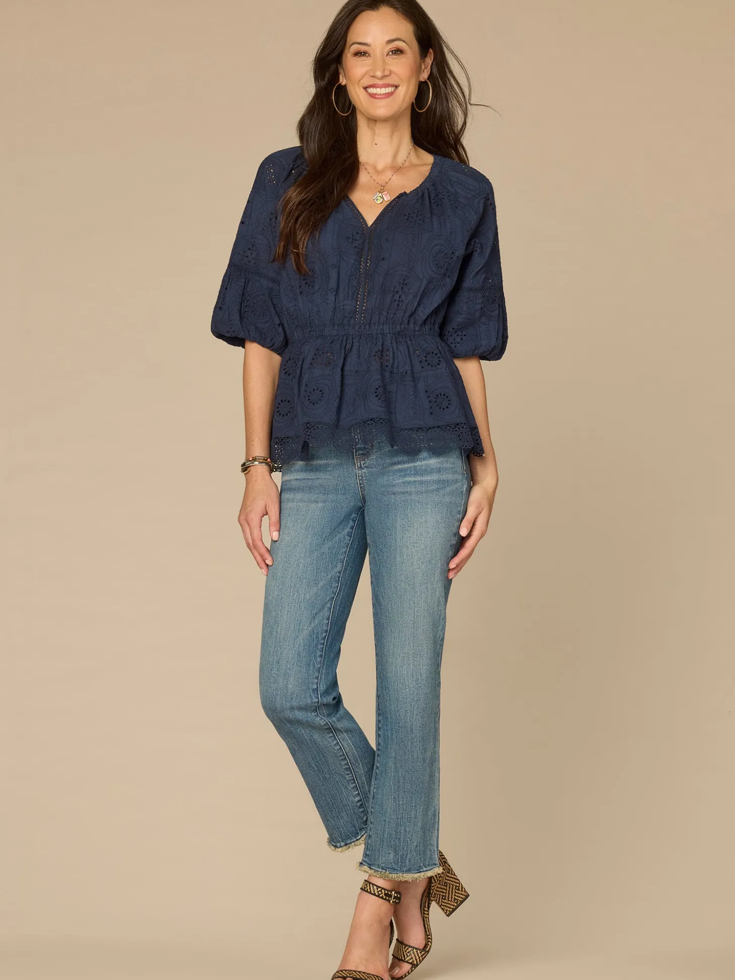 Elbow Bubble Sleeve Ruffle Split Neck Crochet Peplum Woven Top