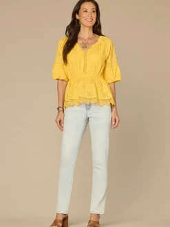 Elbow Bubble Sleeve Ruffle Split Neck Crochet Peplum Woven Top