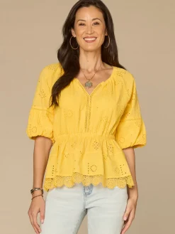 Elbow Bubble Sleeve Ruffle Split Neck Crochet Peplum Woven Top