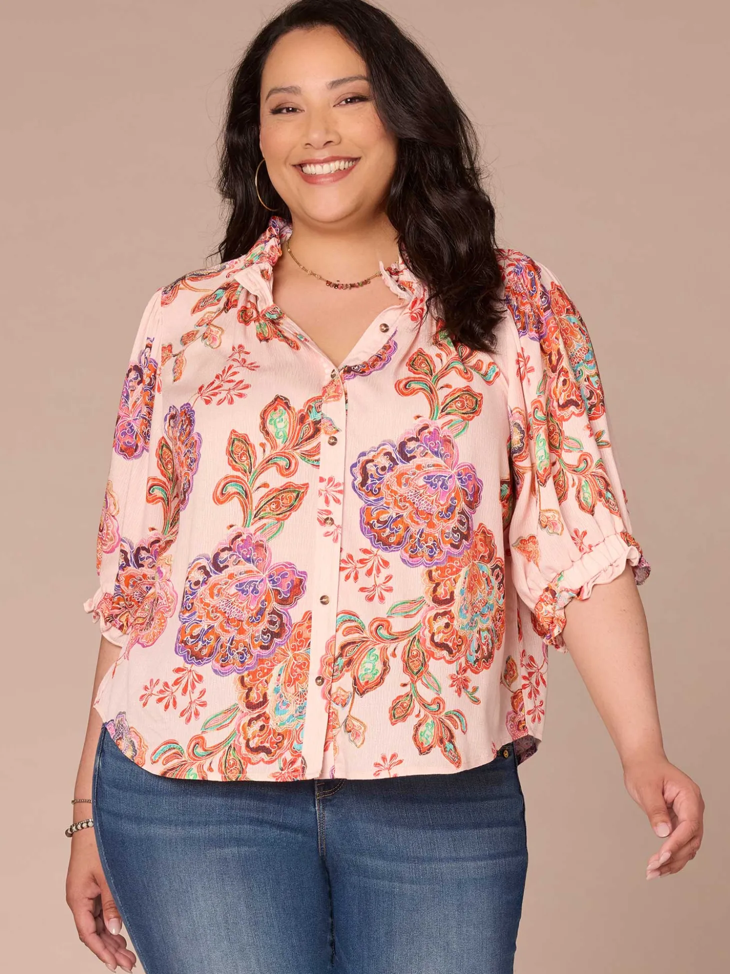 Elbow Length Ruffle Edge Neck Button Down Printed Plus Size Woven Top