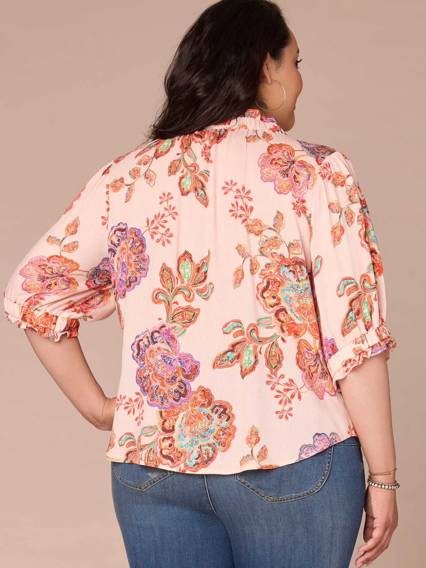 Elbow Length Ruffle Edge Neck Button Down Printed Plus Size Woven Top