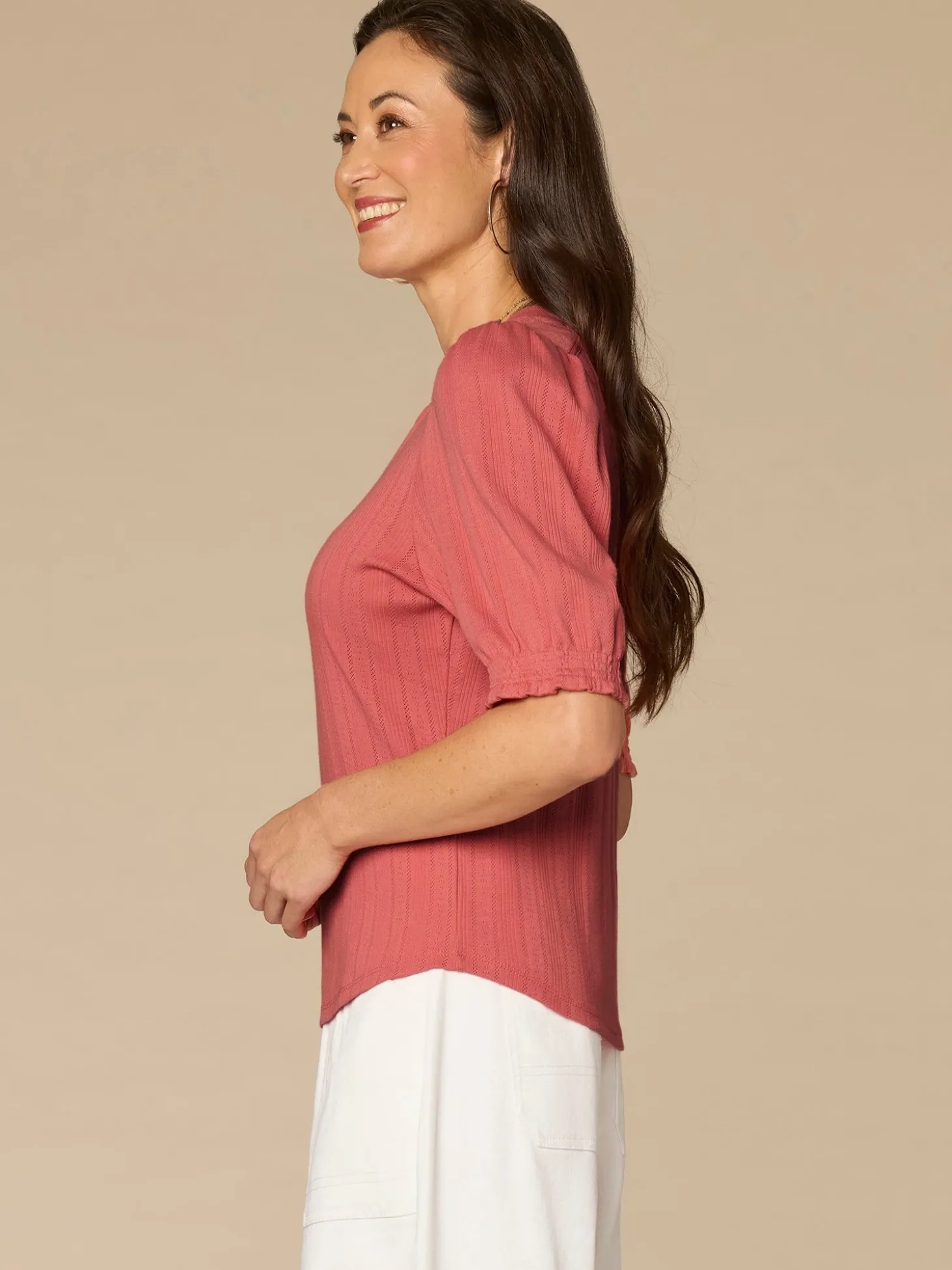 Elbow Puff Sleeve Mandarin Collar Half Placket Embroidered Knit Top