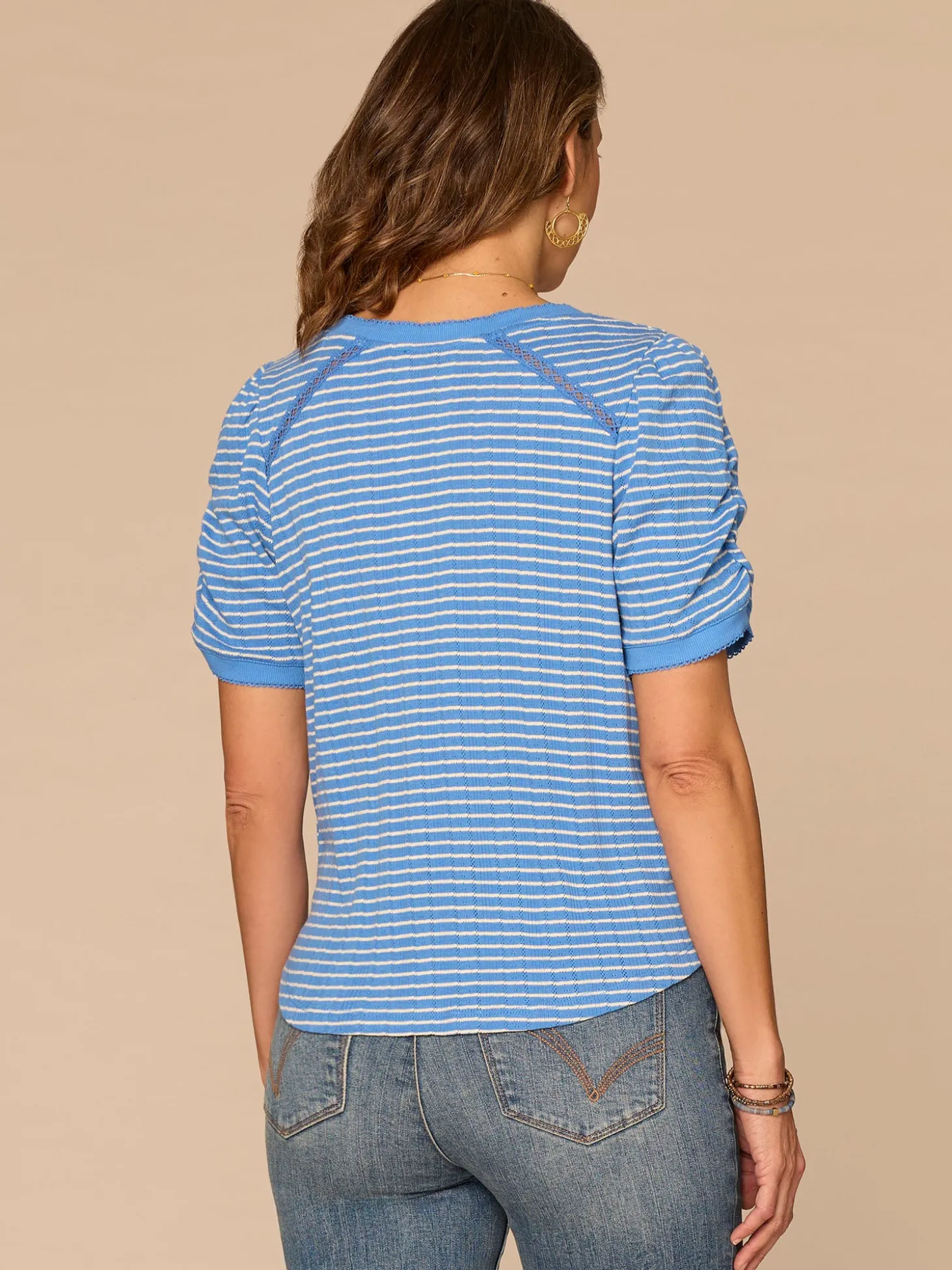 Elbow Puff Sleeve Picot V-Neck Crochet Detail Knit Top
