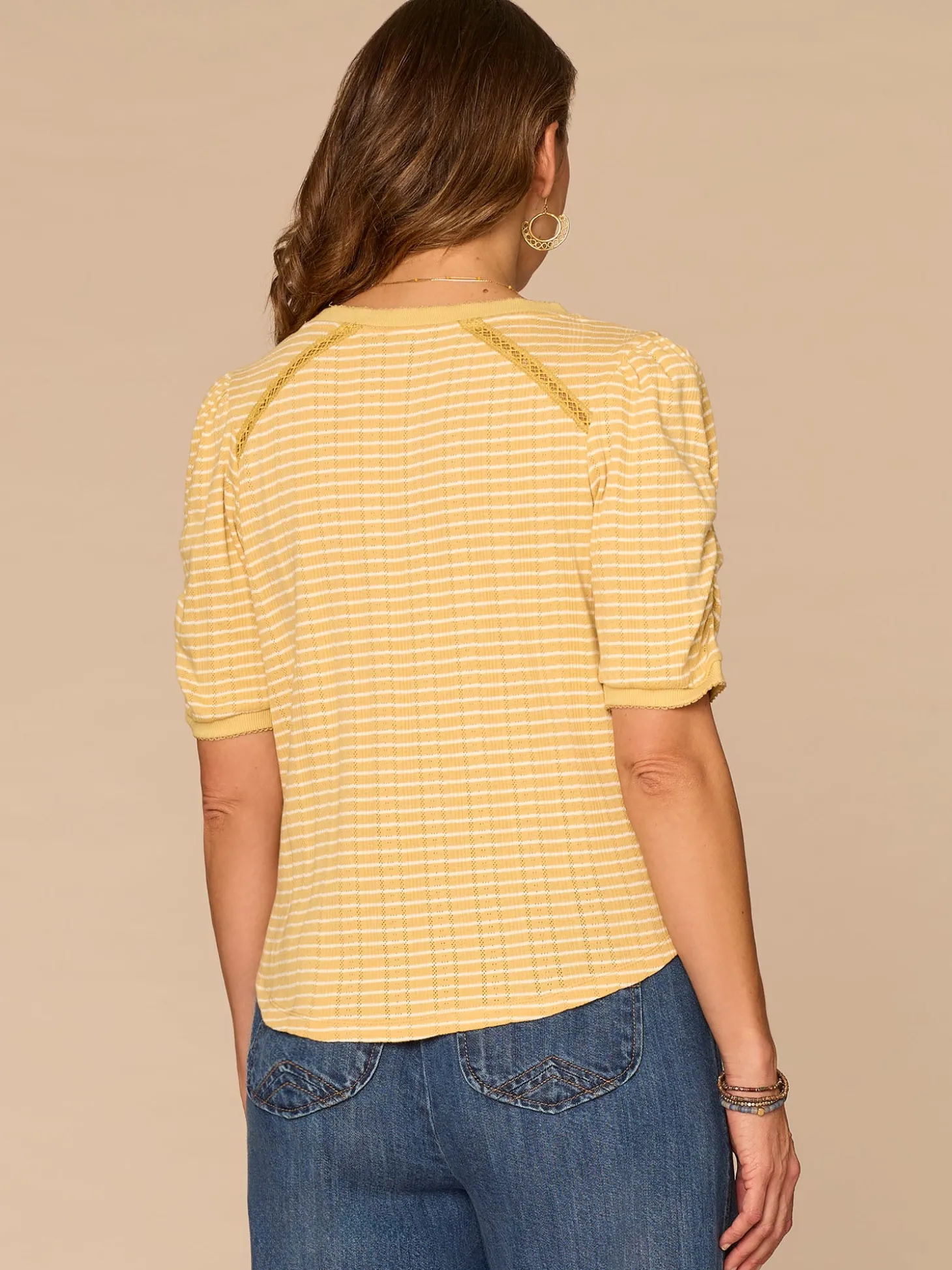 Elbow Puff Sleeve Picot V-Neck Crochet Detail Knit Top