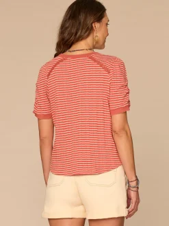 Elbow Puff Sleeve Picot V-Neck Crochet Detail Knit Top