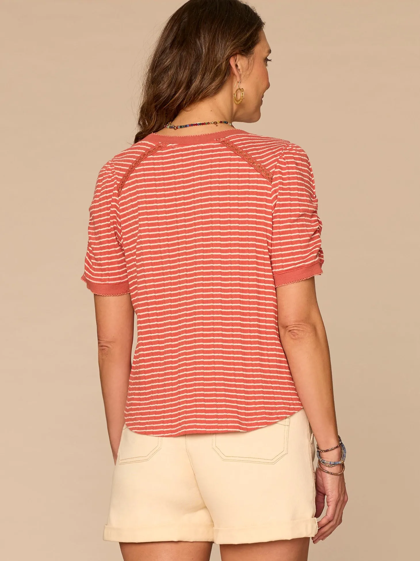 Elbow Puff Sleeve Picot V-Neck Crochet Detail Knit Top