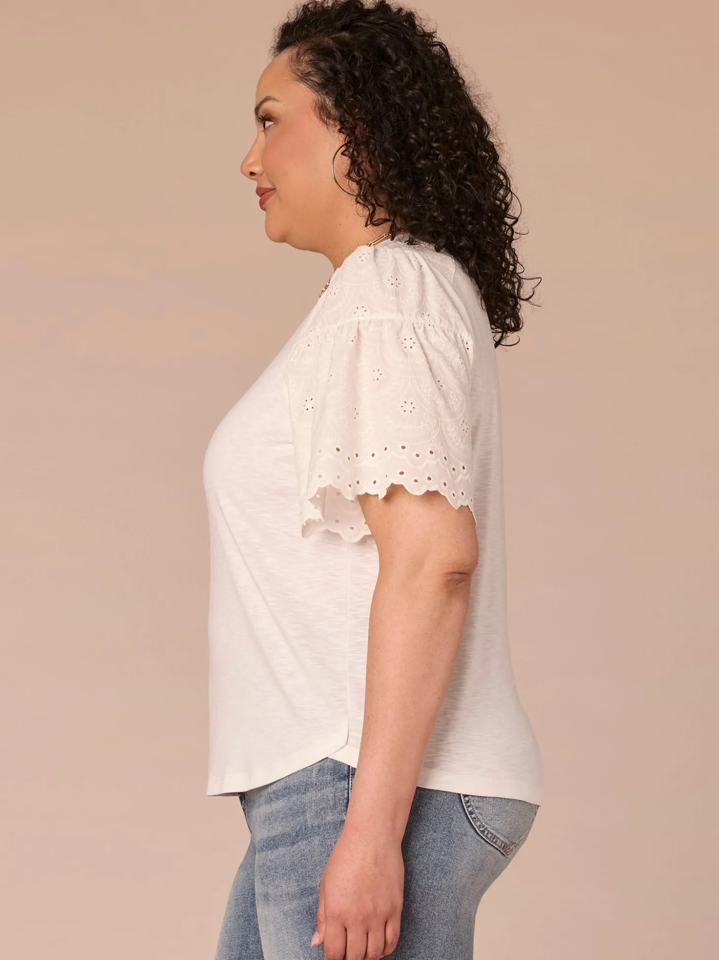 Elbow Puff Sleeve Scoop Neck Mixed Media Plus Size Knit Top