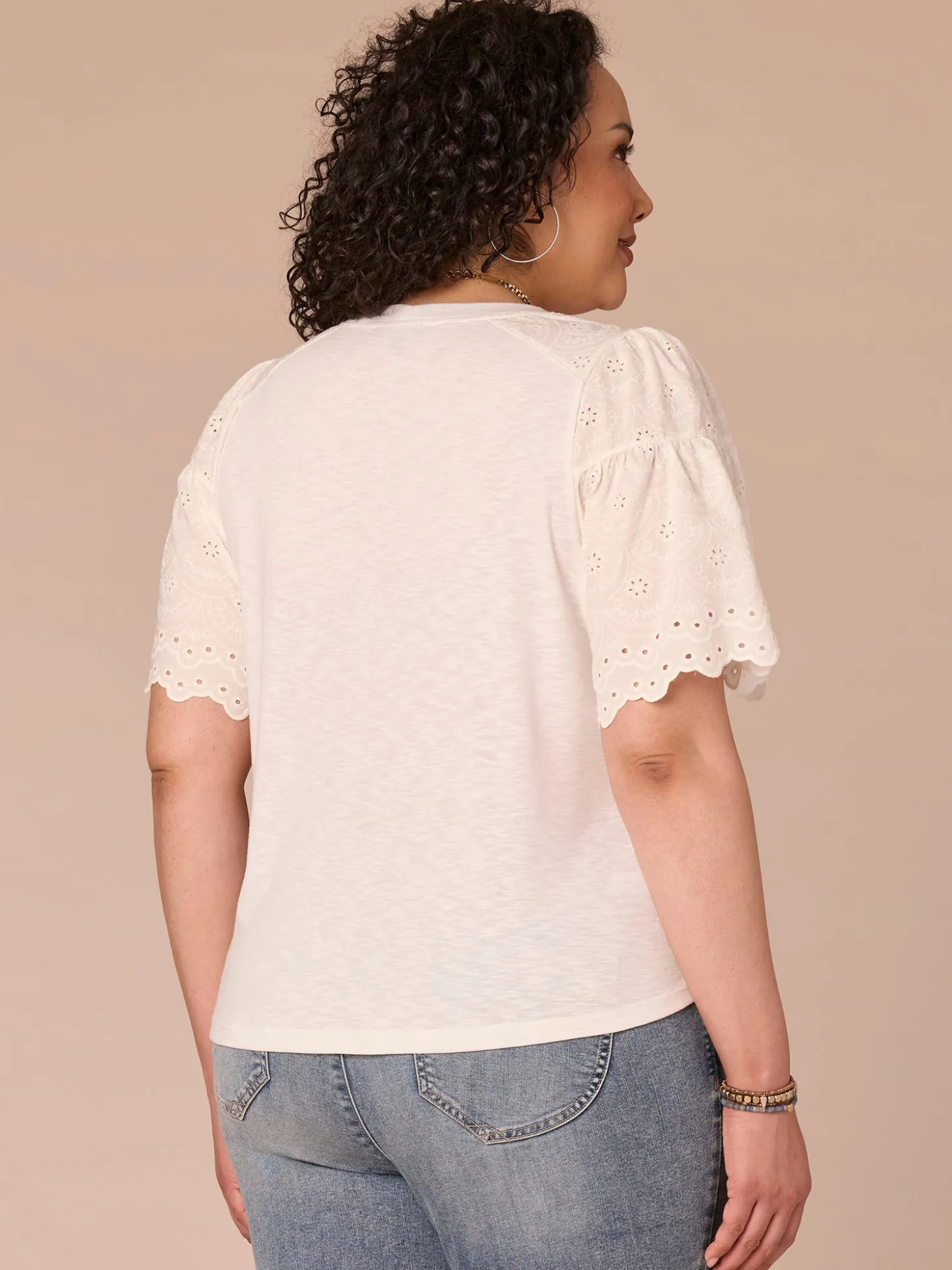 Elbow Puff Sleeve Scoop Neck Mixed Media Plus Size Knit Top