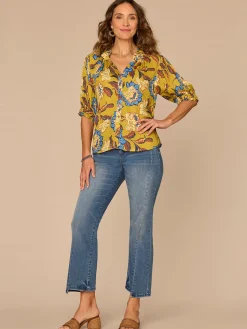 Elbow Puff Sleeve Split Neck Button Down Printed Petite Woven Top