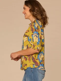 Elbow Puff Sleeve Split Neck Button Down Printed Petite Woven Top