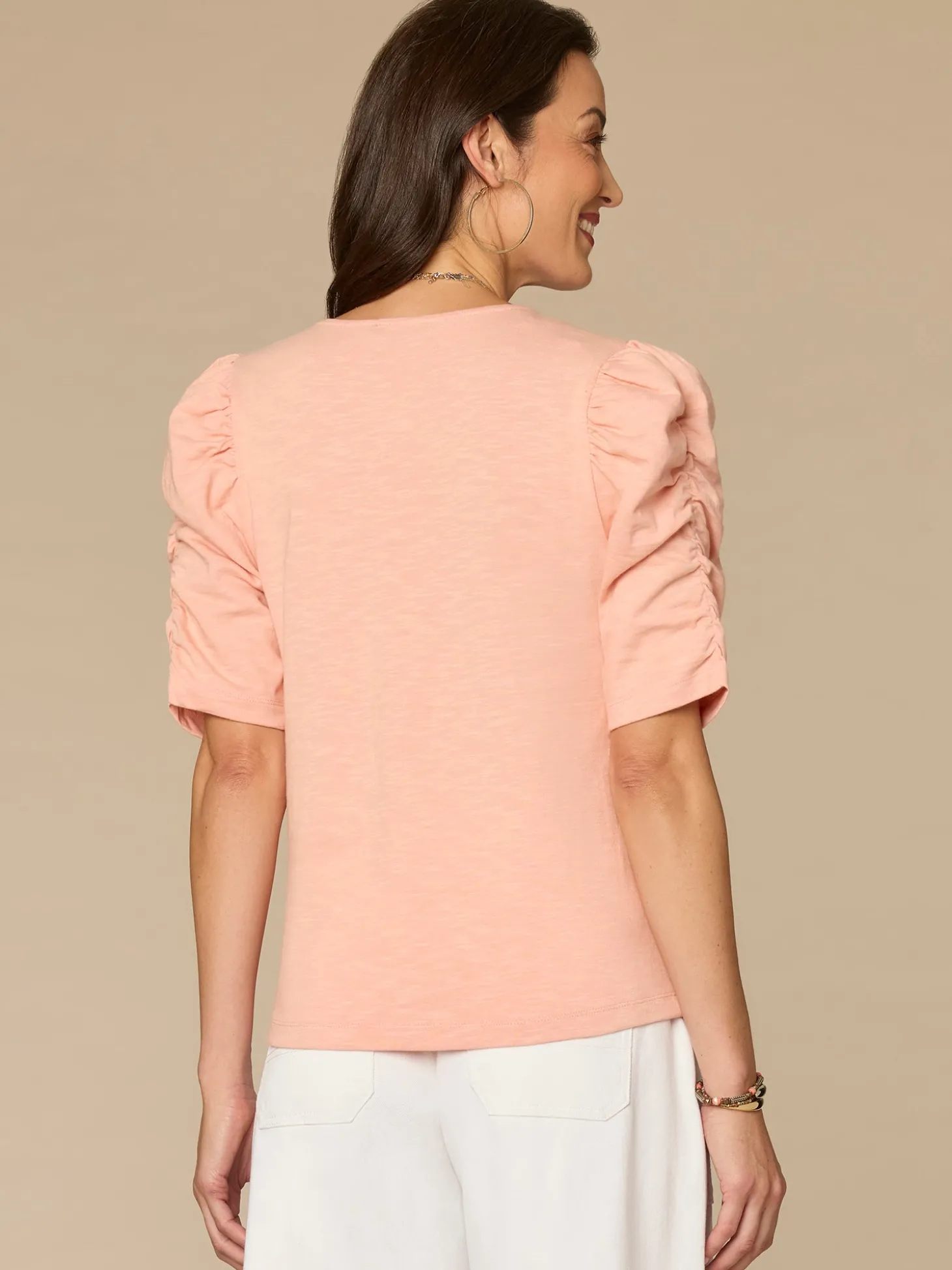 Elbow Puff Sleeve V-Neck Ruched Front Petite Knit Top