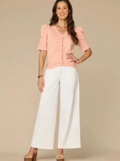 Elbow Puff Sleeve V-Neck Ruched Front Petite Knit Top