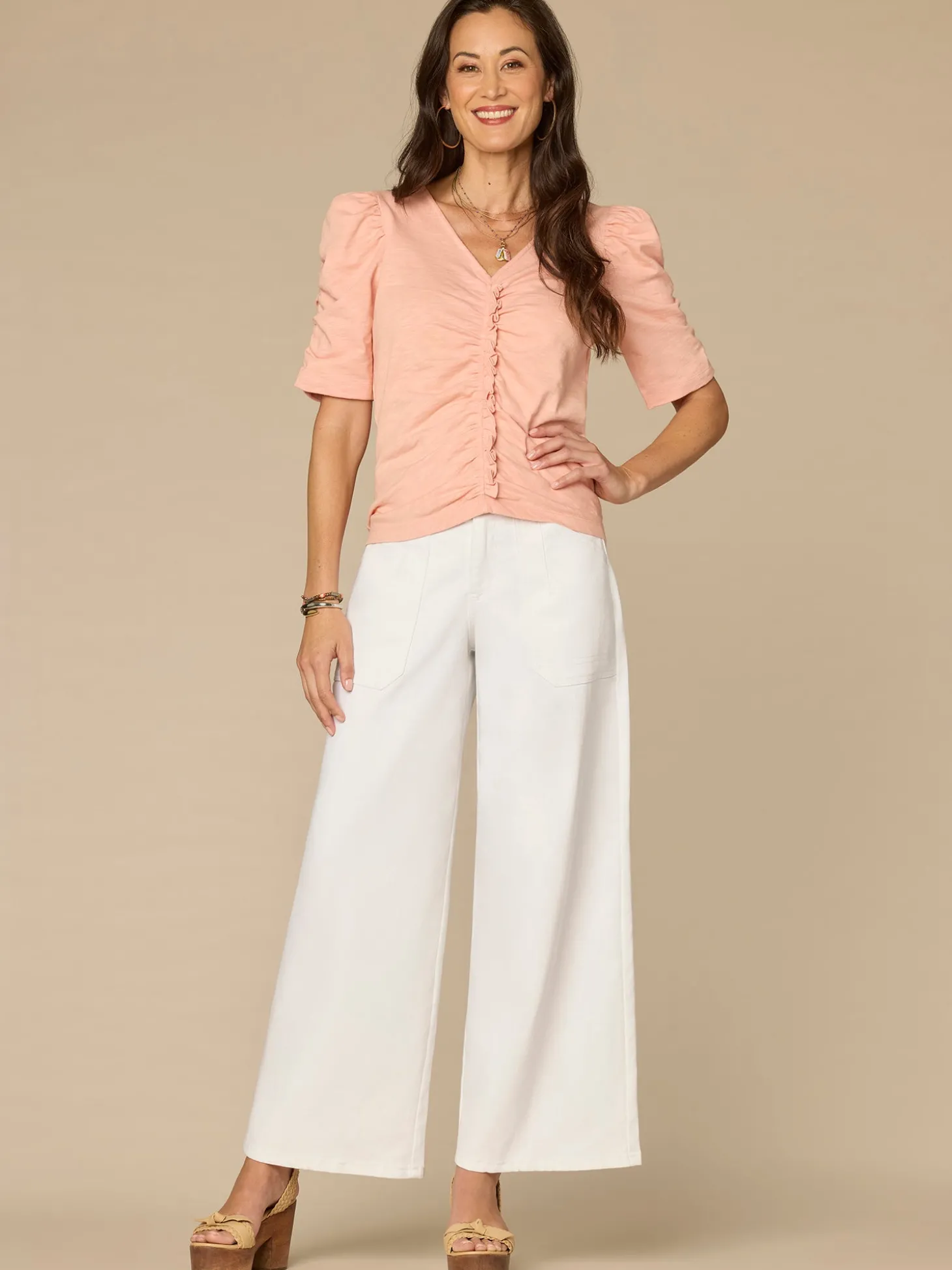 Elbow Puff Sleeve V-Neck Ruched Front Petite Knit Top