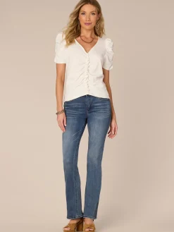 Elbow Puff Sleeve V-Neck Ruched Front Petite Knit Top