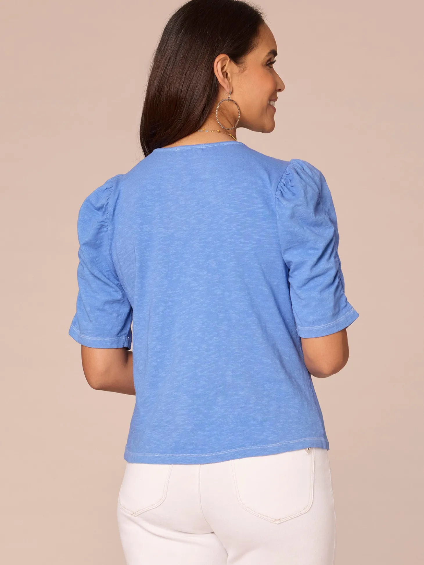 Elbow Puff Sleeve V-Neck Ruched Front Petite Knit Top