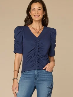 Elbow Puff Sleeve V-Neck Ruched Front Petite Knit Top