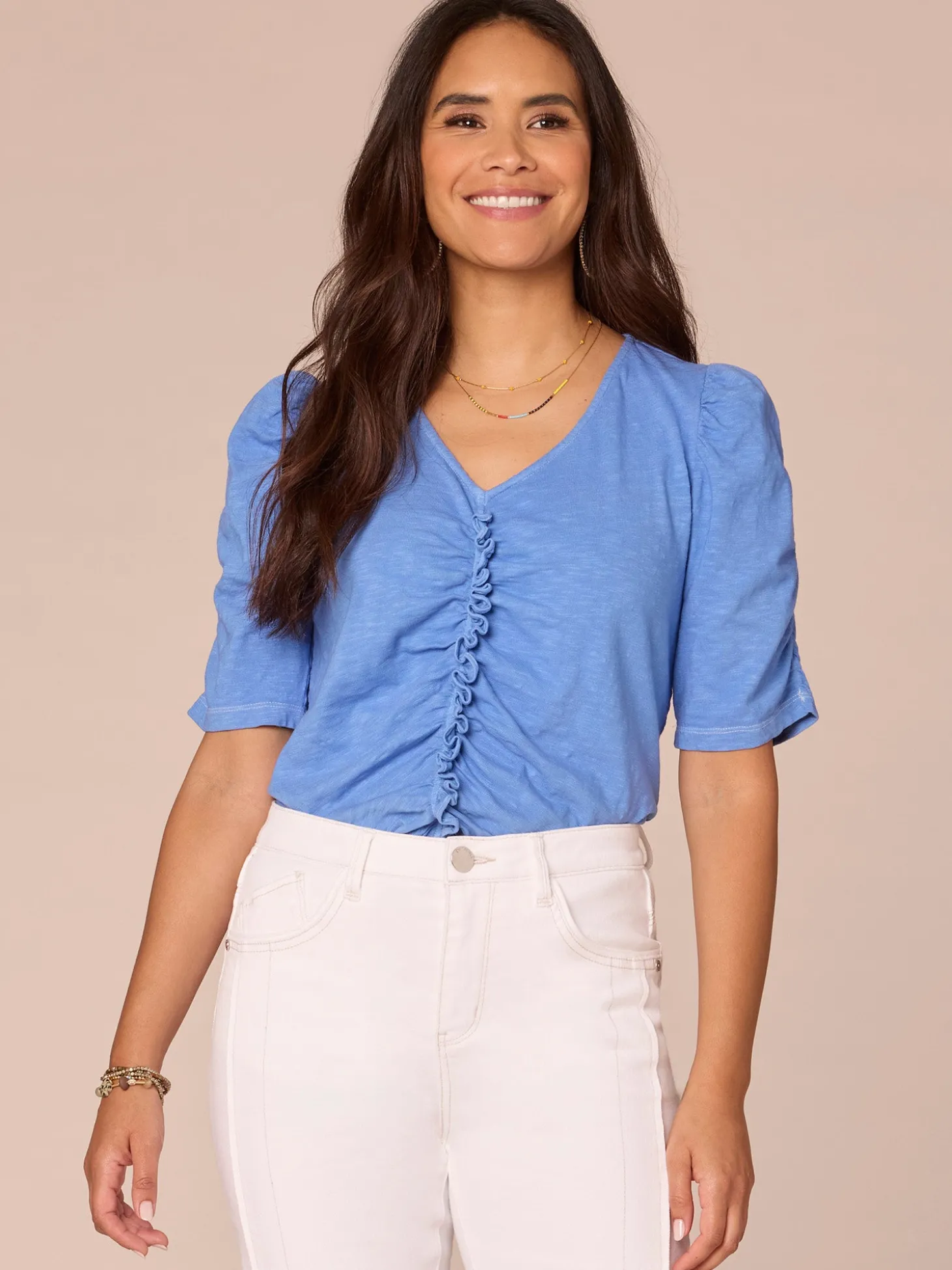 Elbow Puff Sleeve V-Neck Ruched Front Petite Knit Top