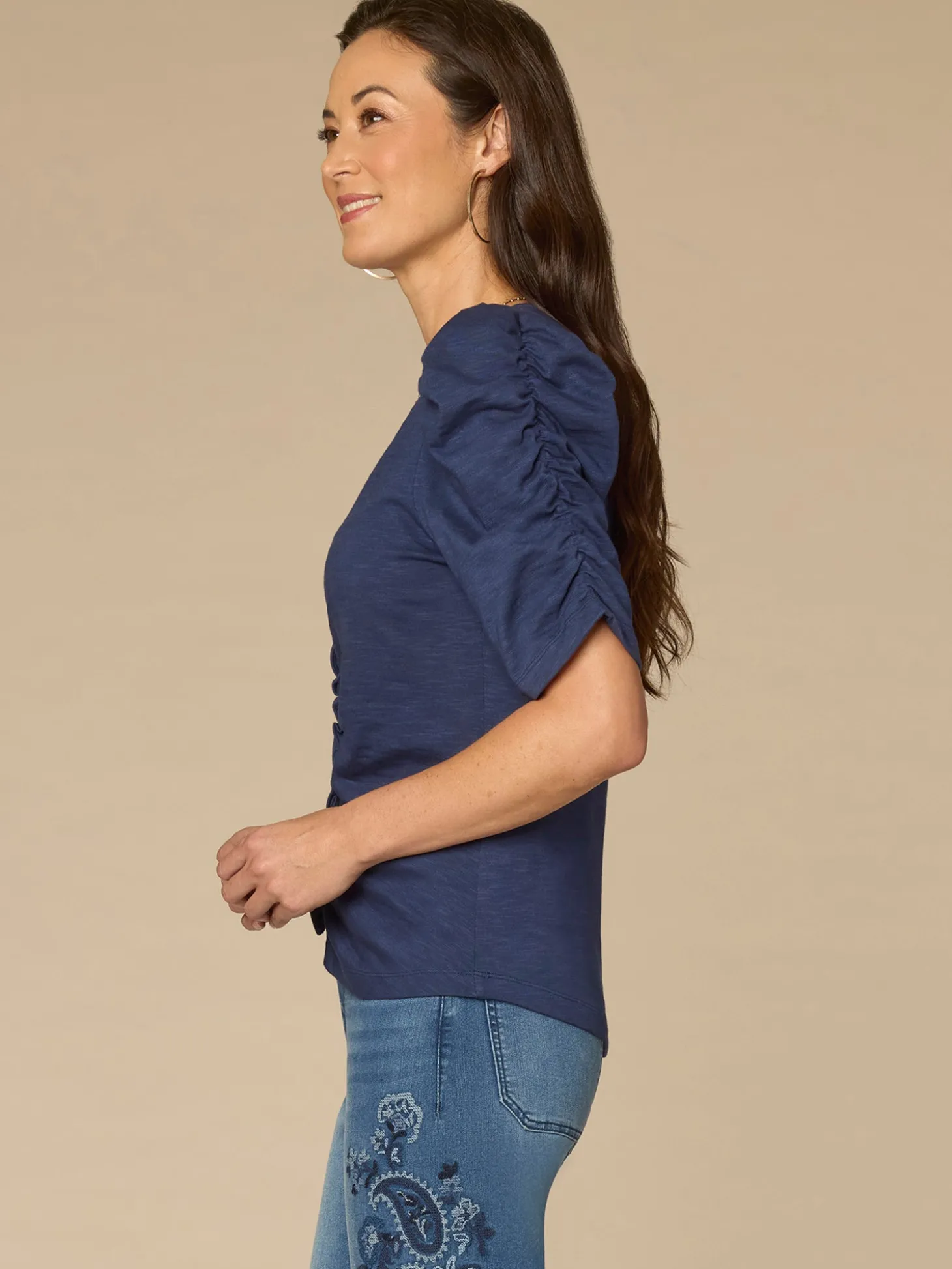 Elbow Puff Sleeve V-Neck Ruched Front Petite Knit Top