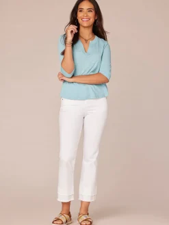 Elbow Roll Cuff Sleeve Round Split Neck Surplus Hem Petite Knit Top