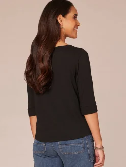 Elbow Roll Cuff Sleeve Round Split Neck Surplus Hem Petite Knit Top
