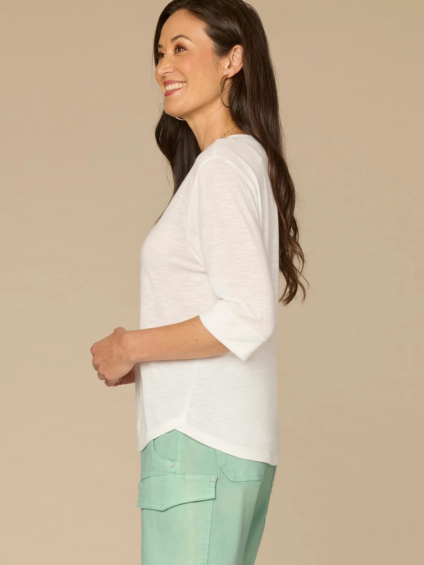 Elbow Roll Cuff Sleeve Round Split Neck Surplus Hem Petite Knit Top