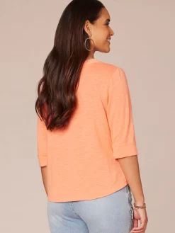 Elbow Roll Cuff Sleeve Round Split Neck Surplus Hem Petite Knit Top