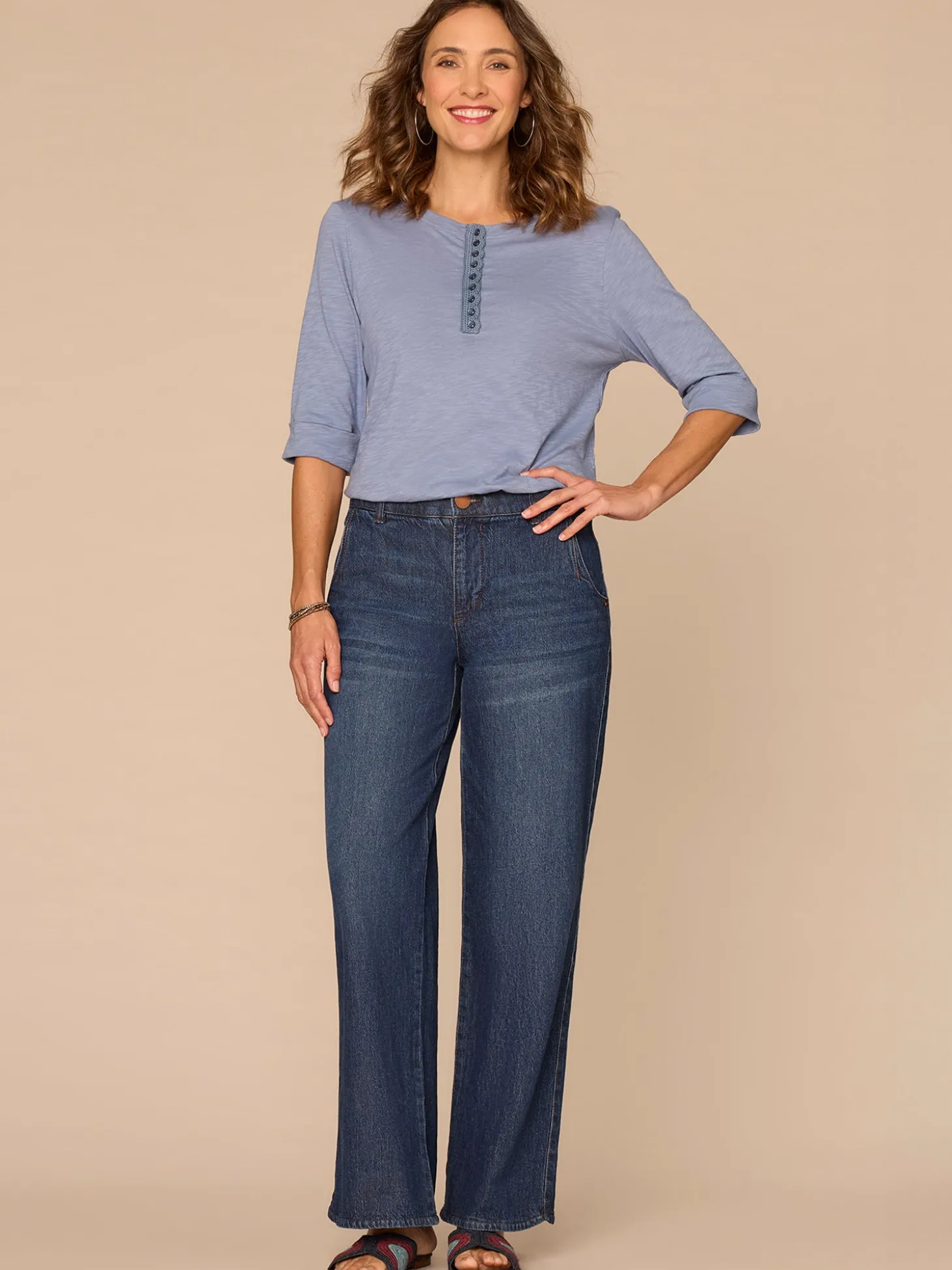 Elbow Roll Cuff Sleeve Scoop Neck Half Crochet Placket Petite Knit Top
