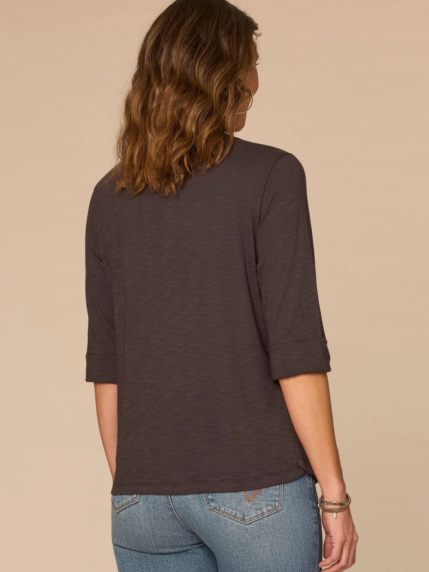 Elbow Roll Cuff Sleeve Scoop Neck Half Crochet Placket Petite Knit Top