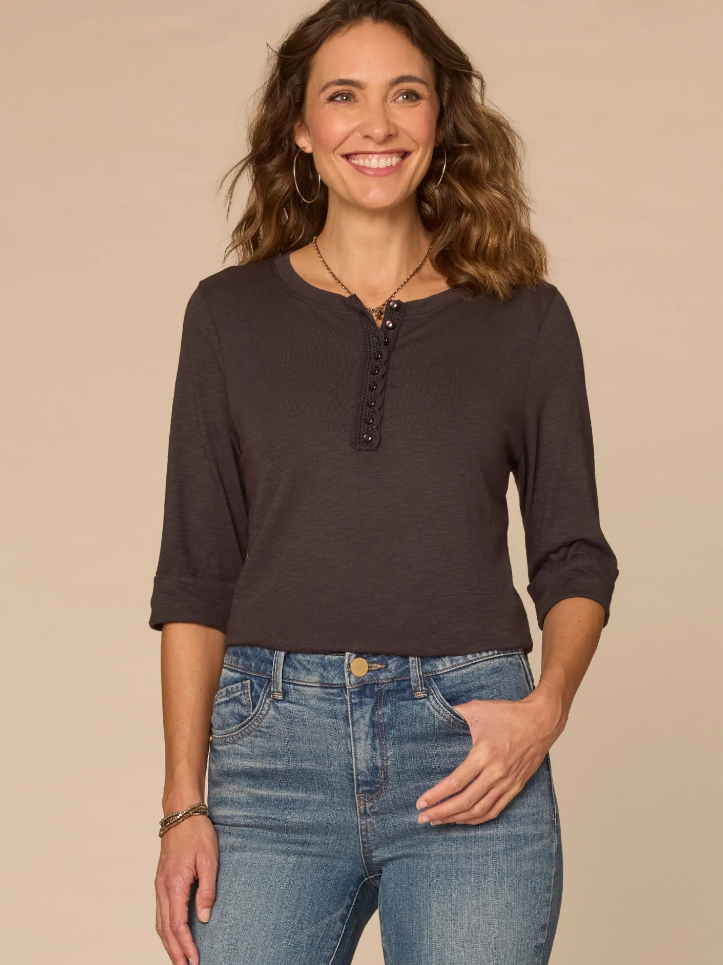 Elbow Roll Cuff Sleeve Scoop Neck Half Crochet Placket Petite Knit Top