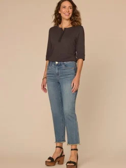 Elbow Roll Cuff Sleeve Scoop Neck Half Crochet Placket Knit Top