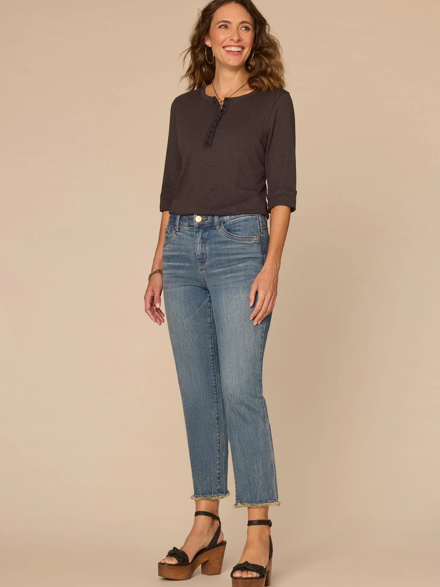 Elbow Roll Cuff Sleeve Scoop Neck Half Crochet Placket Knit Top